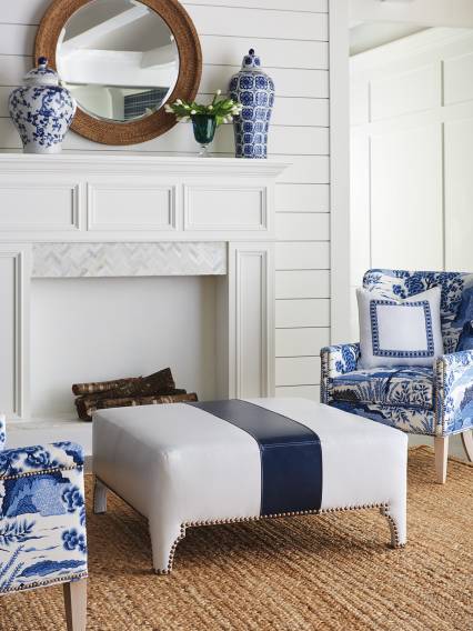 Sheffield Blue Stipe Cocktail Leather Ottoman