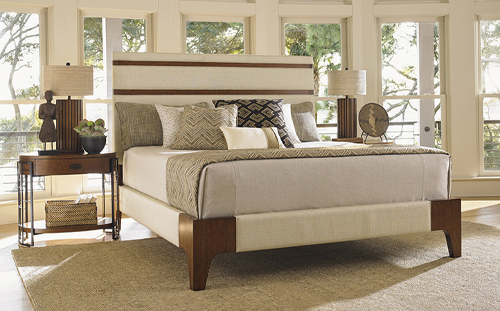 Clean contemporary lines and strong horizontal wood accents on an upholstered headboard.