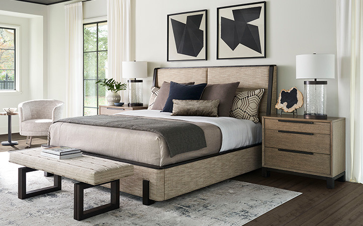 The contemporary shelter design of the Barcelona bed features six horizontal upholstered panels in the headboard with upholstered returns on each end.