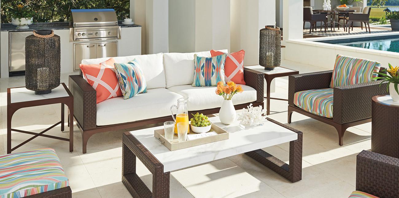 The Abaco collection represents a designer approach to outdoor living with an assortment comprised of 28-pieces, including bistro and large-scale dining, occasional tables, deep seating, and a customizable sectional.