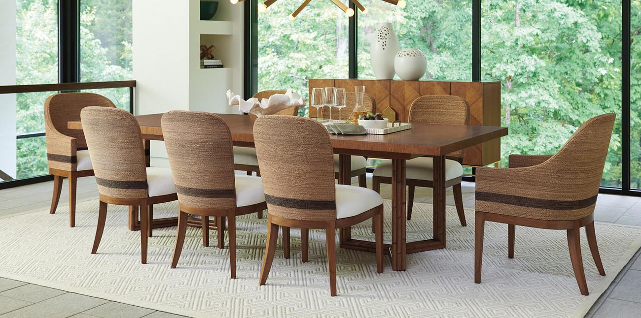 Casual Contemporary designs crafted from quartered hickory veneers and select hardwoods in a sundrenched Sierra tan finish. Table extends to 108-128W x 48D x 29.5H with (2) 20 inch leaves.