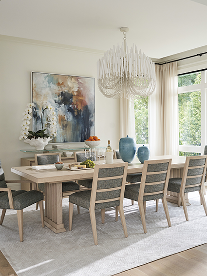 Island Fusion Dining Room table with Coles Bay Side Chairs and Ocean Club's Sea Glass Buffet