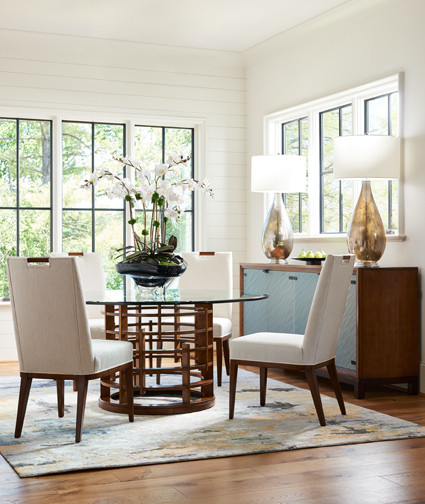 Island Fusion Dining Room table with Coles Bay Side Chairs and Ocean Club's Sea Glass Buffet